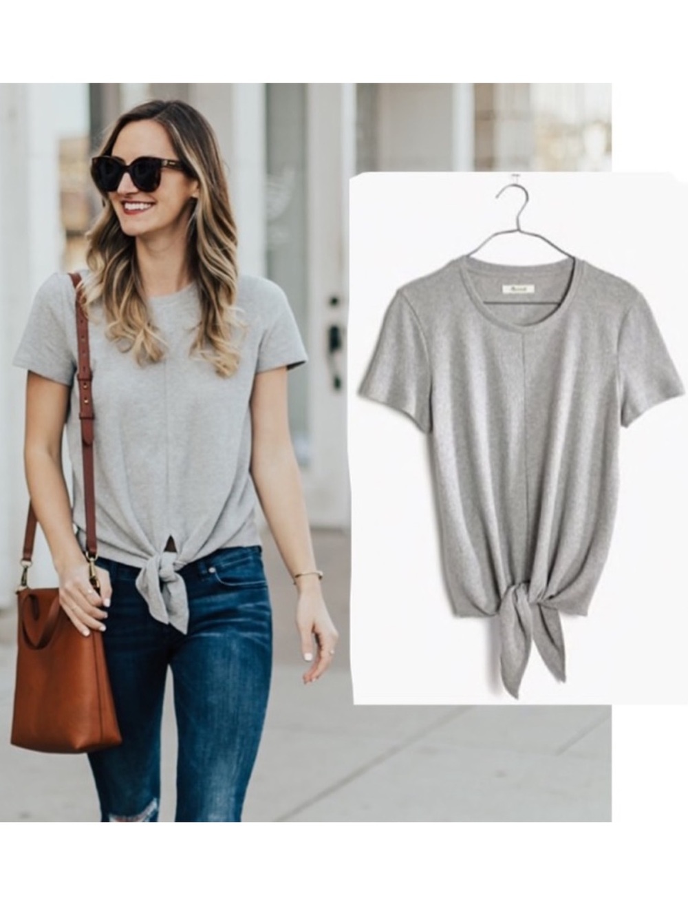 Madewell Light Gray Short Sleeve Tie-Front Tee M